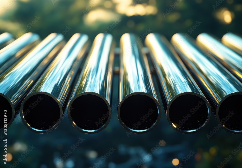 Poster close-up view of shiny metallic pipes reflecting sunlight in a natural setting with soft background 