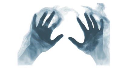 two hands reaching out through a misty. ethereal background. creating a sense of mystery and otherworldliness the hands appear to be partially obscured by smoke. suggesting themes of struggle. connect