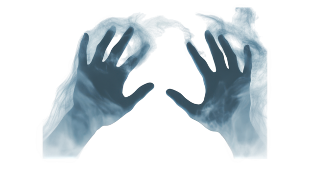 two hands reaching out through a misty. ethereal background. creating a sense of mystery and otherworldliness the hands appear to be partially obscured by smoke. suggesting themes of struggle. connect