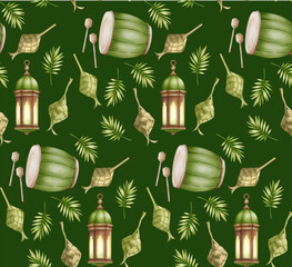 Islamic pattern for ramadan or eid al fitr with bedug, lantern and ketupat as a symbol of holy month of Islam. Isolated on green background.