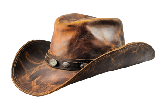 worn. brown leather cowboy hat with a wide brim and a decorative band adorned with metal accents the hat's texture and color suggest it has been used extensively. making it a classic representation of - Powered by Adobe