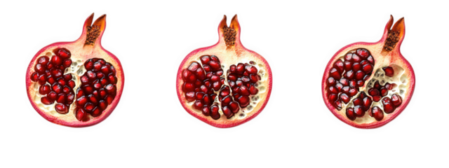 three halves of a pomegranate. showcasing the vibrant red seeds inside. arranged in a row against a clean white background this presentation emphasizes the fruit's juicy interior and highlights its na