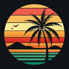 A retro vintage color beach scene setting sun, A  home under palm tree and a woman setting on the beach on wooden chair, rounded logo type,