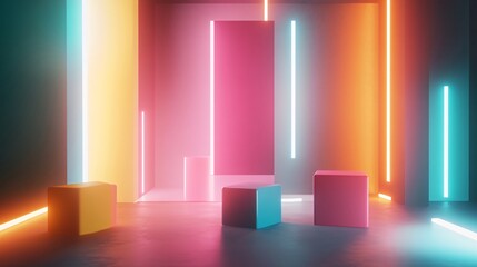Colorful neon lights illuminate abstract geometric shapes; vibrant background for product display or design