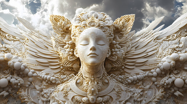 Design a highly detailed 3d interpretation of a transcendent celestial entity, a floating cosmic marvel with intricate sacred geometry. Transcendent - Statue. Illustration