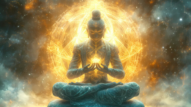 Design a highly detailed 3d interpretation of a transcendent celestial entity, a floating cosmic marvel with intricate sacred geometry. Transcendent - Statue. Illustration