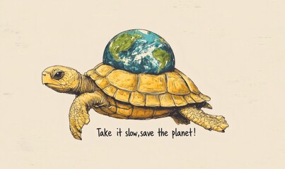 Drawing of turtle carrying planet earth promoting environmental conservation and celebrating world environment day