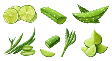various green plants and slices. including lime slices. aloe vera leaves. and segments. highlighting their natural textures and shapes this visual can be used for educational purposes. health-related