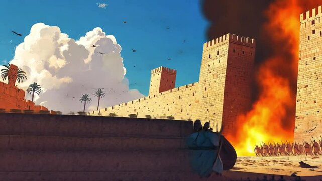 The Fall of Jericho. Ancient Walls Crumbling in Battle