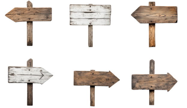 six wooden directional signs. varying in design and orientation. with some blank and others having arrows these signs can be used for guiding or indicating directions in various settings