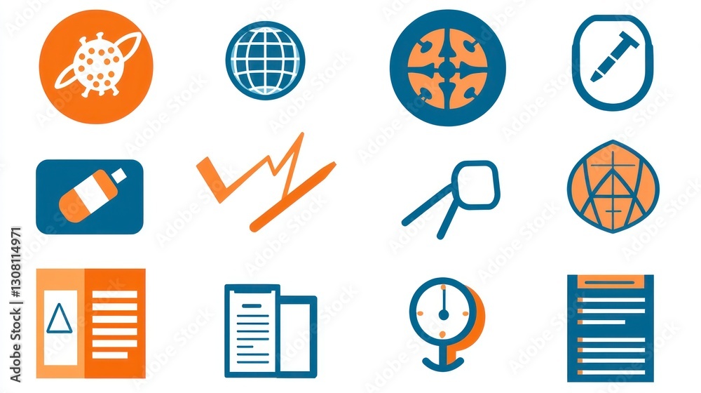 Poster a set of bold and clear covid-19 icons, focusing on health and safety protocols in business environm