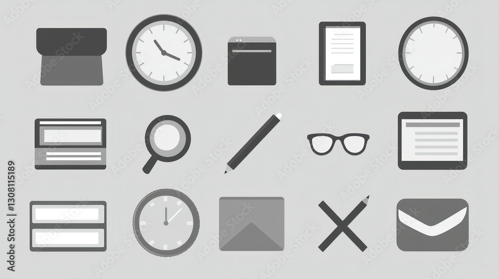 Poster a set of modern icons in a grayscale color palette, focusing on elegance and professionalism.