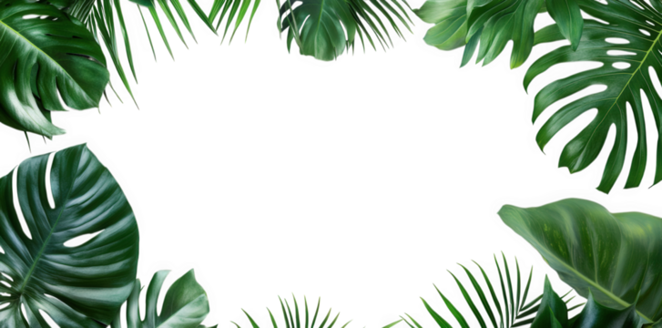 collection of lush green leaves arranged around a blank white space. creating a natural frame that can be used for various design purposes such as invitations. announcements. or social media posts the