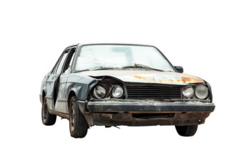 n old. rusty car with visible wear and tear. showcasing its deteriorating condition the vehicle has a faded paint job and a damaged front. highlighting its age and abandonment it serves as a represent