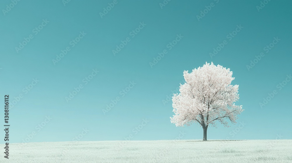 Poster a single cherry tree standing in an open grassy field under a clear blue sky.