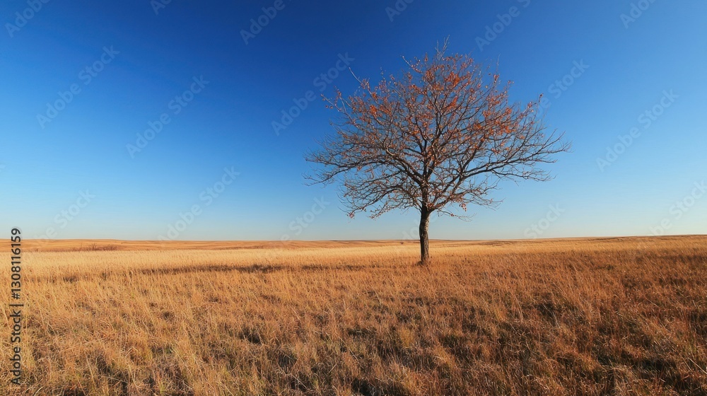 Poster a single cherry tree standing in an open grassy field under a clear blue sky.