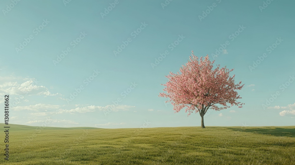 Poster a single cherry tree standing in an open grassy field under a clear blue sky.