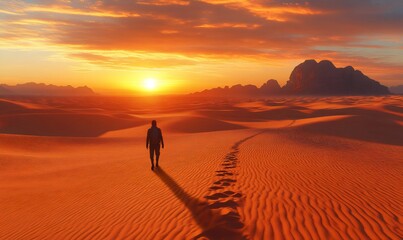 Backpacker walking through desert sand dunes at sunset leaving footprints in wadi rum, jordan