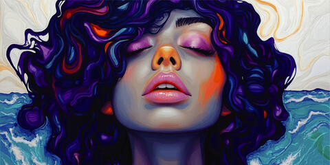 Vibrant Abstract Vector Art of a Woman with Purple and Blue Hair, Ocean Waves Background, and Colorful Facial Expression in a Digital Illustration Style
