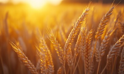 Obraz premium Ripe wheat ears are swaying in golden sunset light in a vast agricultural field, celebrating world environment day