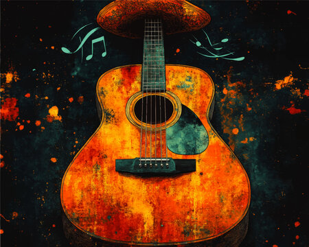 Vibrant Acoustic Guitar Vector Art with Musical Notes and Hat on a Colorful Splatter Background - Abstract Music Illustration for Creative Artistic Designs