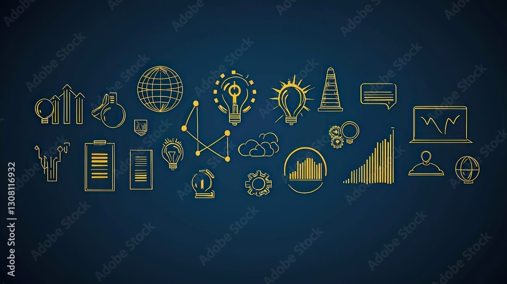 Poster a sleek collection of thin business icons in uniform line thickness, representing concepts like grow