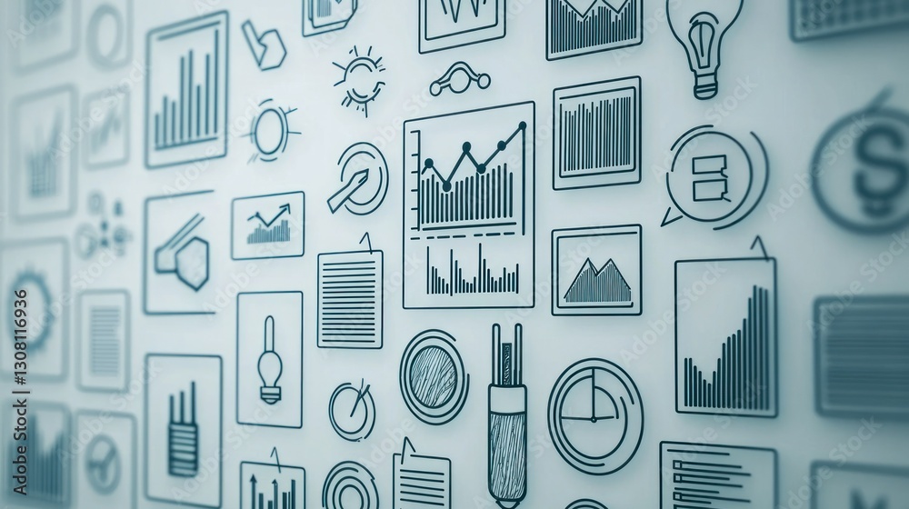 Poster a sleek collection of thin business icons in uniform line thickness, representing concepts like grow