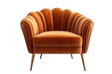 stylish. modern armchair with a unique scalloped design and vibrant orange upholstery. resting on slender golden legs it serves as a statement piece for interior decor. ideal for enhancing the aesthet
