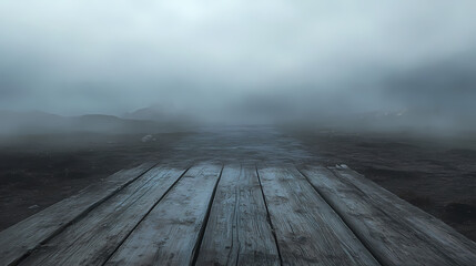 Mysterious misty landscape with wooden surface. Elusive - Spirit. Illustration
