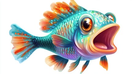 Fototapeta premium vibrant cartoon fish with detailed scales in dynamic pose and open mouth on white background illustration