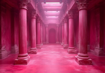 A pink stage with a curtain and spotlights. 3D rendering illustration, high-resolution photography, super detailed