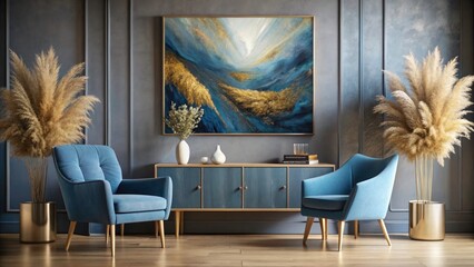 Abstract Blue Gold Living Room Art - Modern Interior Design Pampas Grass