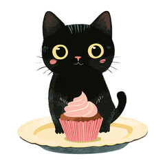 Kitten with cupcake illustration dessert black vector