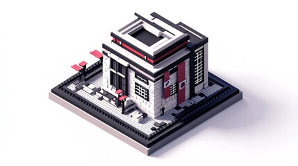 Modern minimalist building isometric design; serene garden; white background; architectural illustration