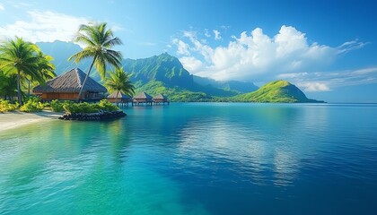 Obraz premium Tranquil Bora Bora lagoon with overwater bungalows along the shoreline