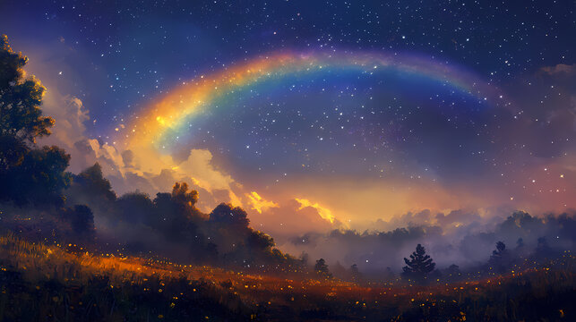 Vibrant, elusive moonbow arcs across a misty, starry night sky, its colorful, refracted light casting an ethereal glow. Elusive - Spirit. Illustration