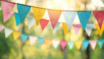 カラフルなパステル色の旗。春の雰囲気、イベントを彩るガーランドの旗。Colorful pastel flags. A garland of flags to add a spring feel to your event.