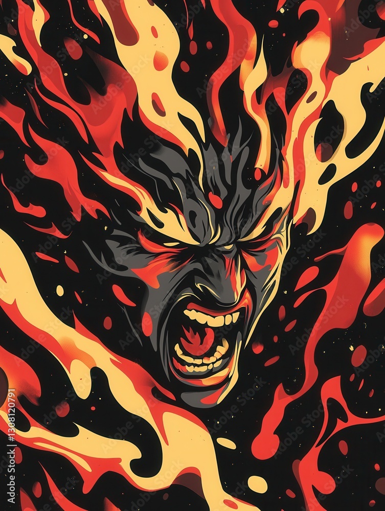 Poster angry person engulfed in flames with intense expression in bold red and black colors