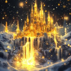 Golden castle on snowy mountaintop, illuminated by glowing waterfalls, glittering with magical light.