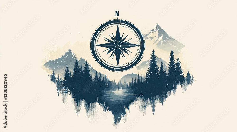 Poster a stylized compass drawing with a mountain and forest incorporated into the design