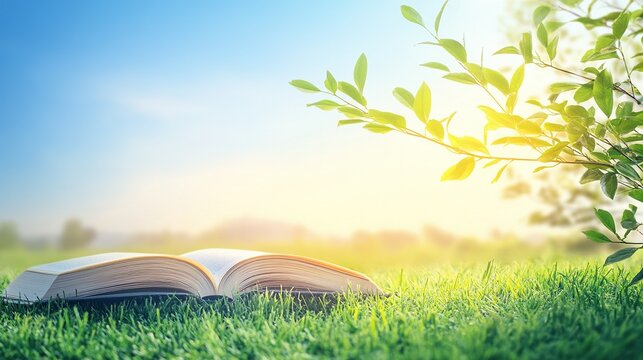 open book lying on the grass, with sunlight shining through leaves and a blue sky in the background. The concept of reading for relaxation during natural outdoor activities, education theme background