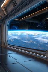 A futuristic space station interior with high-tech screens, and Earth visible through a large window. Sci-fi and space exploration