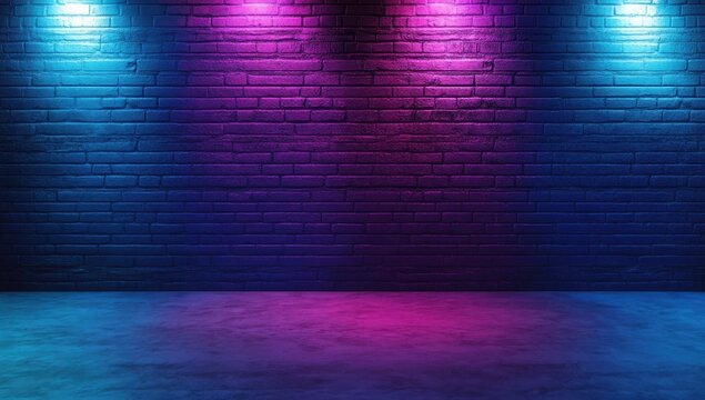 Colorful illuminated wall with vibrant blue and purple lights casting shadows on a textured brick background in an artistic studio setting