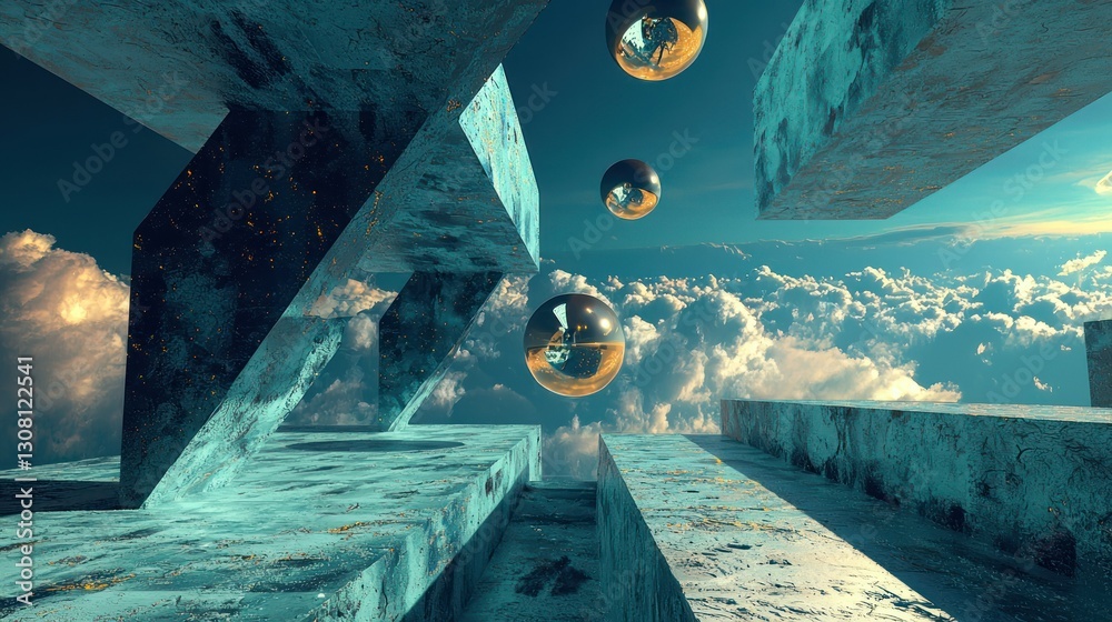 Leinwandbilder A surreal 3D abstract scene with floating objects and impossible structures.