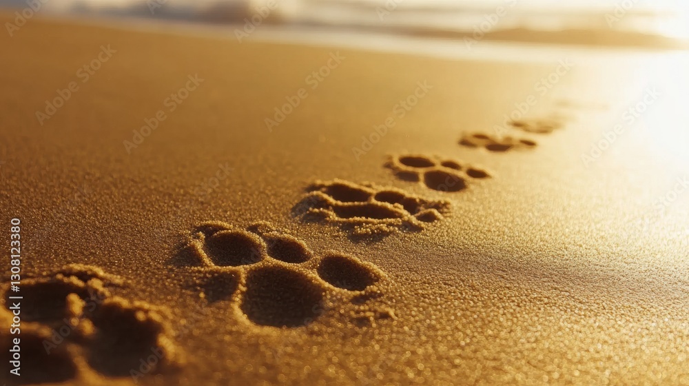 Aufkleber dog paw prints create a trail on golden sand with gentle waves and sunlight in the background along 