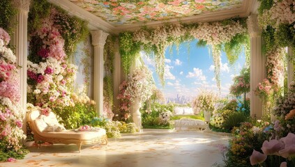 Elegant floral interior garden with a view of city. Lush flowers, columns, and a patio area with a chaise lounge.