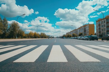 Obraz premium Serene Urban Street Under Beautiful Cloudy Sky with Zebra Crosswalk