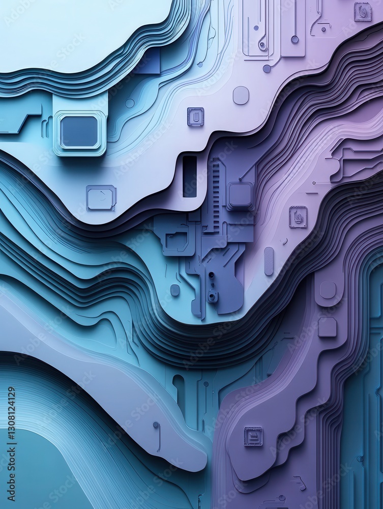 Fototapete futuristic layered paper art showcasing abstract digital circuits in cool tones for a high tech atmo