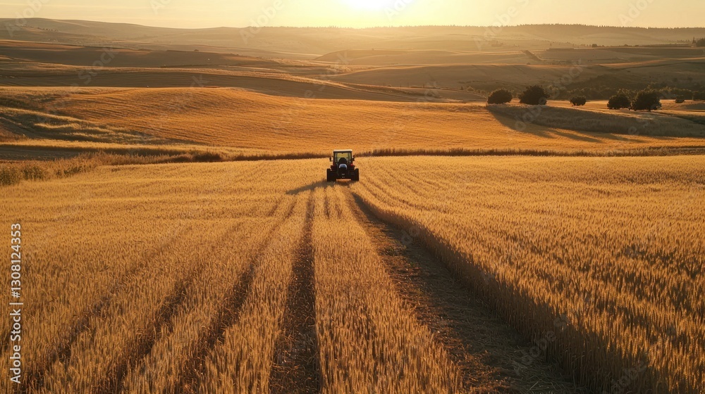 Poster a tractor parked in a wheat field, with the setting sun casting long shadows across the land.