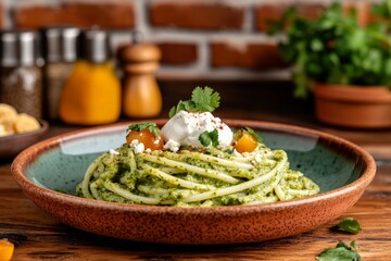 Vibrant Espagueti Verde with Creamy Poblano Sauce, Queso Fresco, and Crema in a Rustic Kitchen